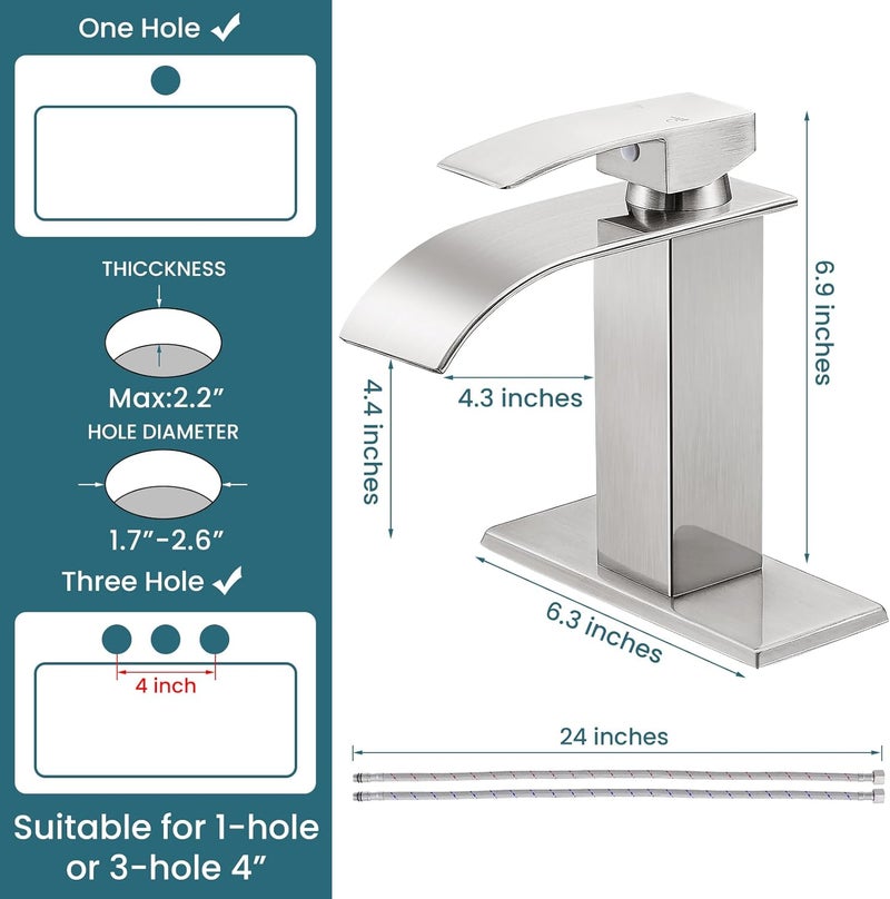 LUFG Bathroom Faucets Brushed Nickel Waterfall Bathroom Sink Faucet Modern Single Handle Bathroom Faucet for 1 or 3 Hole Mxier Tap Washbasin Faucet with Deck, Pop-up Drain and Supply Hoses 2 Pack - Image 2